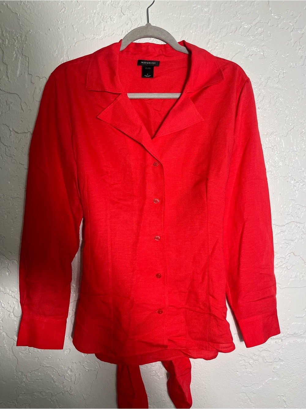 Natorious Linen Blend Tie Waist Blouse Large Coral Red‎